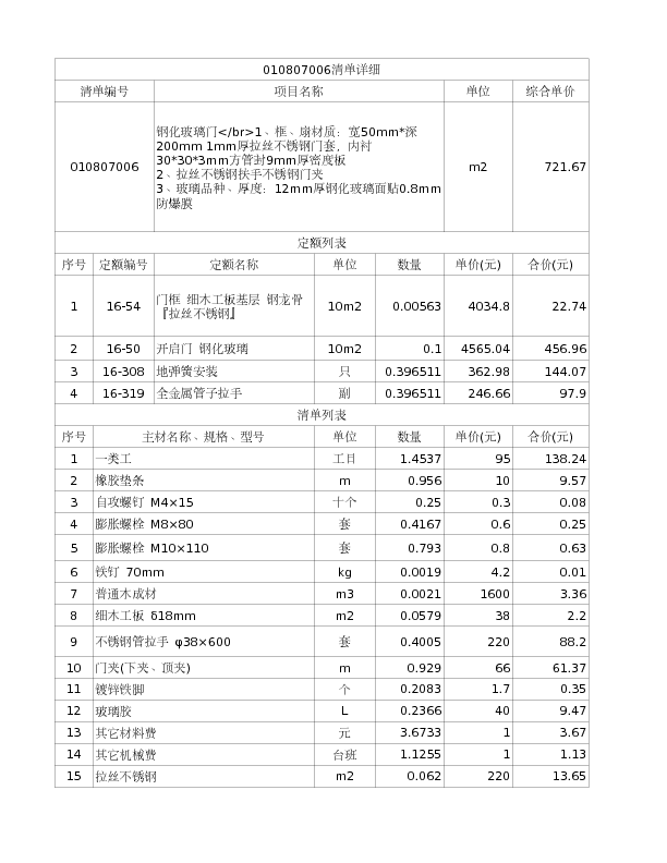 010807006  钢化玻璃门</br>1、框、扇材质：宽50mm*深200mm 1mm厚拉丝不锈钢门套，内衬30*30*3mm方管封9mm厚密度板
