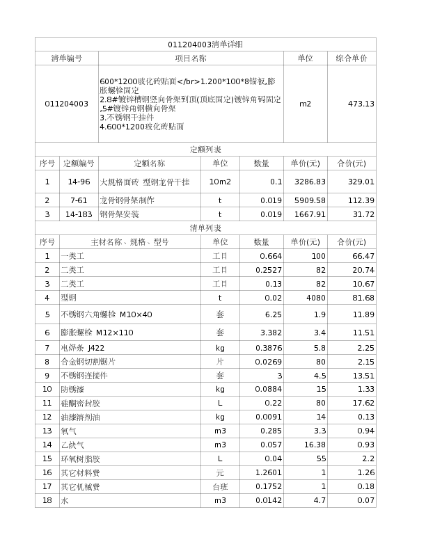 011204003  600*1200玻化砖贴面</br>1.200*100*8锚板,膨胀螺栓固定