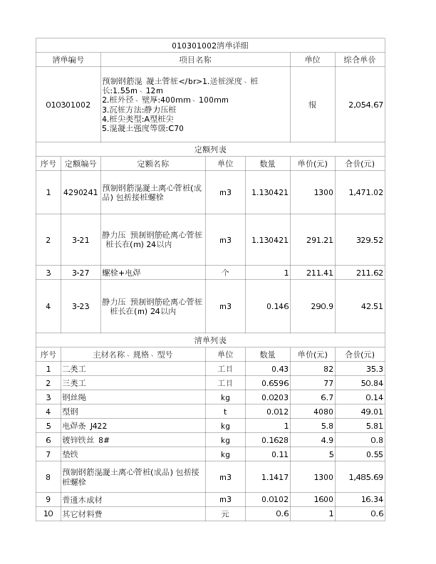 010301002  预制钢筋混 凝土管桩</br>1.送桩深度、桩长:1.55m、12m
