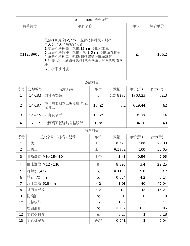 011208001  柱(梁)面装 饰</br>1.龙骨材料种类、规格、中:60×40×4热镀锌方管
