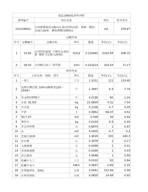 011106001  石材楼梯面层</br>1.面层材料品种、规格、颜色:芝麻白20厚、磨防滑槽及磨圆边