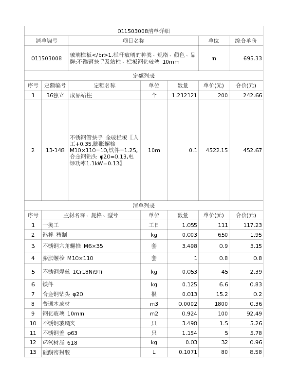 011503008  玻璃栏板</br>1.栏杆玻璃的种类、规格、颜色、品牌:不锈钢扶手及站柱、栏板钢化玻璃 10mm