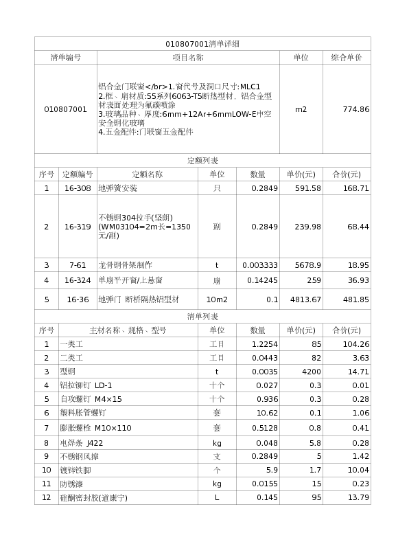 010807001  铝合金门联窗</br>1.窗代号及洞口尺寸:MLC1
