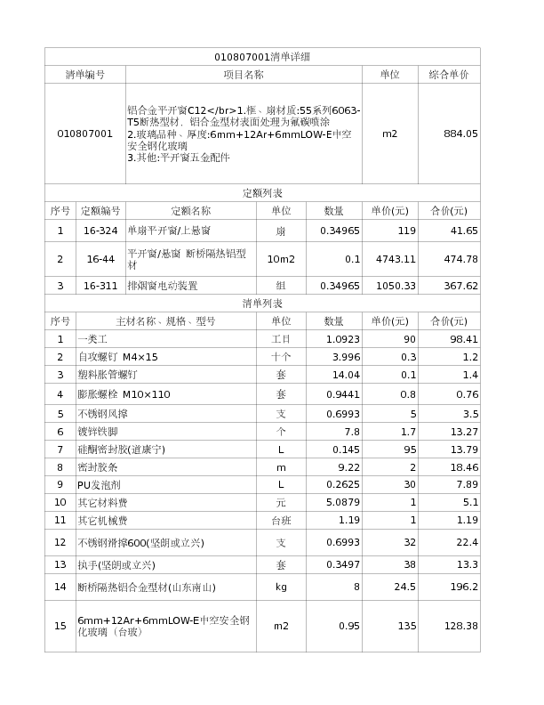 010807001  铝合金平开窗C12</br>1.框、扇材质:55系列6063-T5断热型材，铝合金型材表面处理为氟碳喷涂
