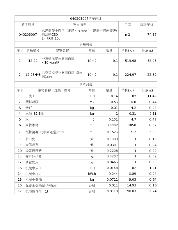 040203007  水泥混凝土面层（晒场）</br>1、混凝土强度等级:商品砼C30 