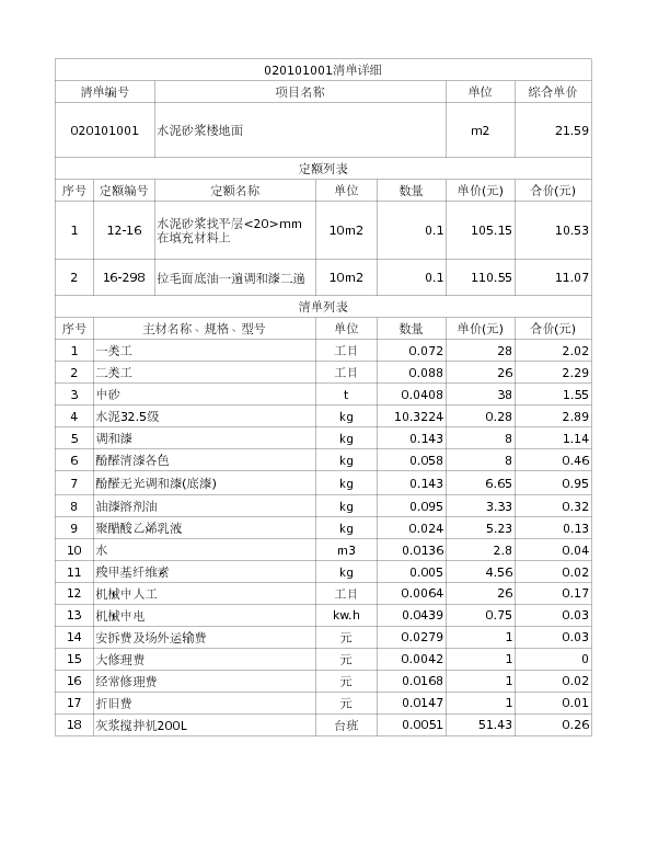 020101001  水泥砂浆楼地面