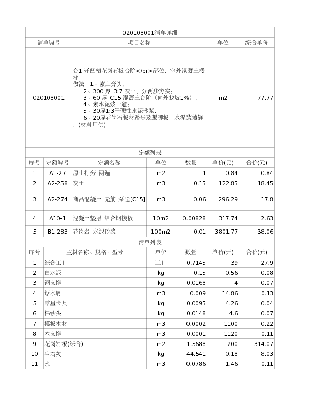 020108001  台1-开凹槽花岗石板台阶</br>部位：室外混凝土楼梯
