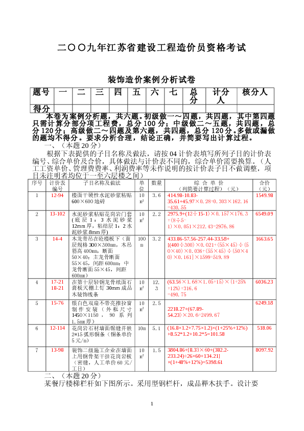 2009年江苏省建设工程造价员资格考试装饰专业试题及答案