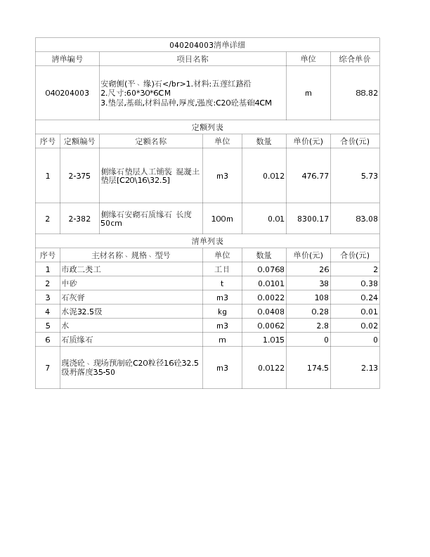 040204003  安砌侧(平、缘)石</br>1.材料:五莲红路沿
