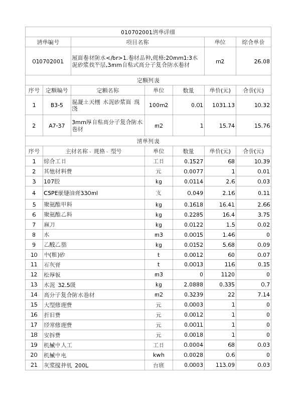 010702001  屋面卷材防水</br>1.卷材品种,规格:20mm1:3水泥砂浆找平层,3mm自粘式高分子复合防水卷材
