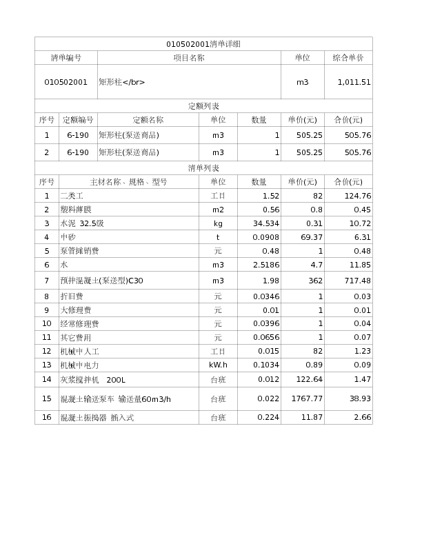 010502001  矩形柱</br>