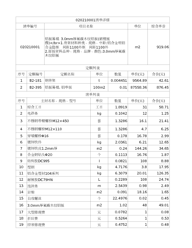 020210001  铝板幕墙 3.0mm厚氟碳木纹铝板(裙楼屋檐)</br>1.骨架材料种类、规格、中距:铝合金明铝合金隐框  间距1100外框  间距1100外
